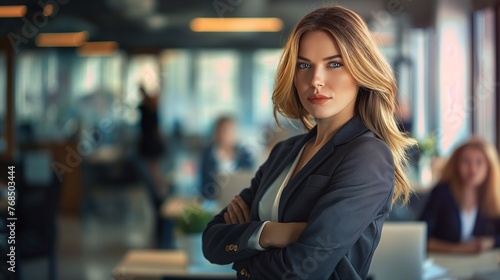 Portrait of a serious woman against the background of an office. An employee represents a large company and looks presentable