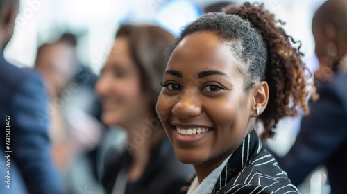 Black businesswoman in the office looks at the camera and smiles. A leader whose eyes are focused on strategy and success