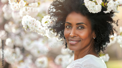 Portrait of an handsome black Afro American woman posing in front of a blooming cherry tree , close-up view of a cheerful beautiful African black middle aged female in an outdoor park