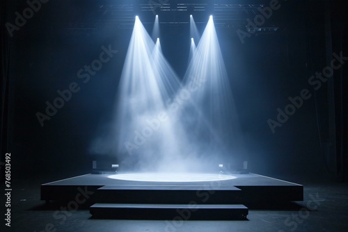 Stage lighting effect in the dark with smoke and spotlights on stage