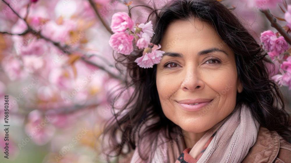 Portrait of an handsome South American hispanic man posing in front of a blooming cherry tree , close-up view of a cheerful beautiful latino white middle aged male in an outdoor park