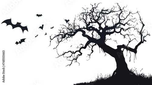 Isolated dark silhouette of withered tree with bats ha