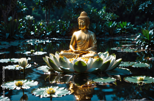 Golden Buddha Statue sit on the top of white lotus in a magic white water lily  lotus magic pond  Vesak Day  Full Moon Buddhist Celebration
