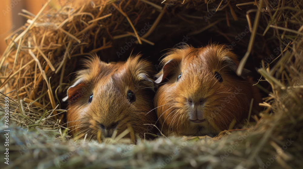 A captivating close-up of two similar guinea pigs in a burrow, highlighting their bond and the natural texture of hay A captivating close-up of two similar guinea pigs in a burrow, highlighting their bond and the natural texture of hay