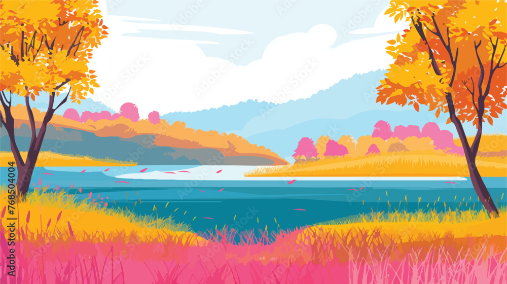 Landscape lake and sky YELLOW trees and pink grass flat