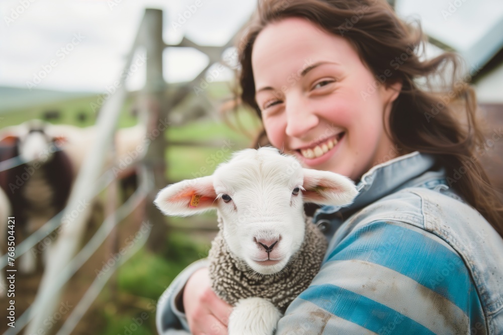 happy lady holding a newborn lamb on a farm happy lady holding a newborn lamb on a farm