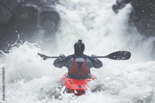 dynamic rear shot of a kayaker propelling through frothy rapids © studioworkstock