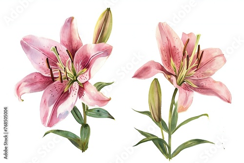 Watercolor pink lily flowers on a white background, Illustration