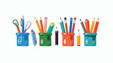 Pencil holders with supplies icons flat vector isolate