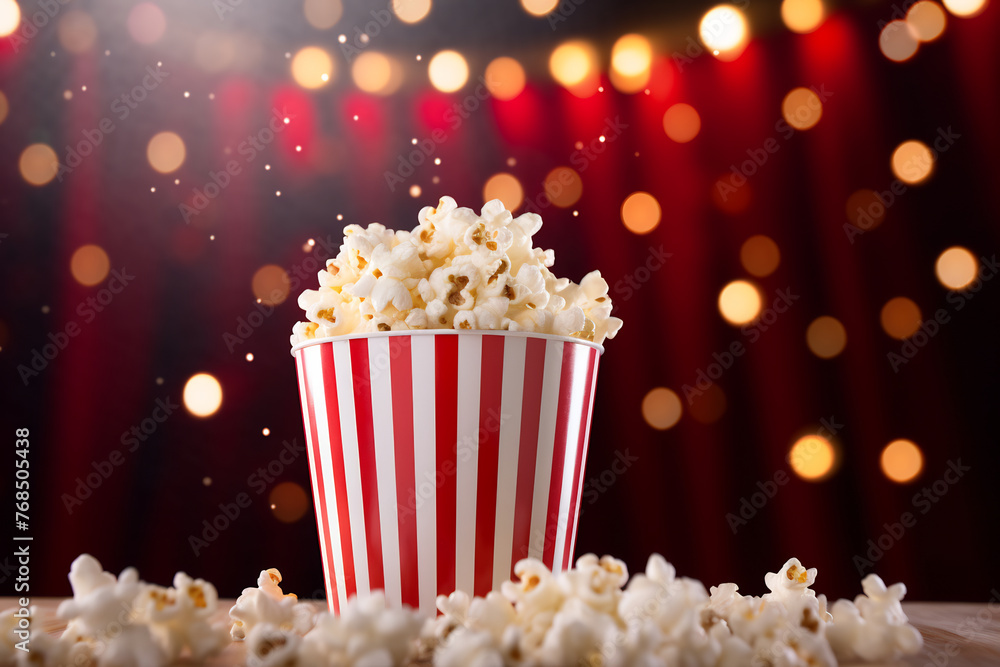 Classic Striped Popcorn Box Overflowing with Popcorn Against a Blurry Theater Lights Background, Symbolizing Entertainment and Cinema Experience
