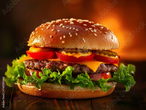 Sure  here is a description for the image   Cheeseburger on contrasting backgrounds  wood and black  with sesame seed bun and classic ingredients like lettuce  tomato  and beef