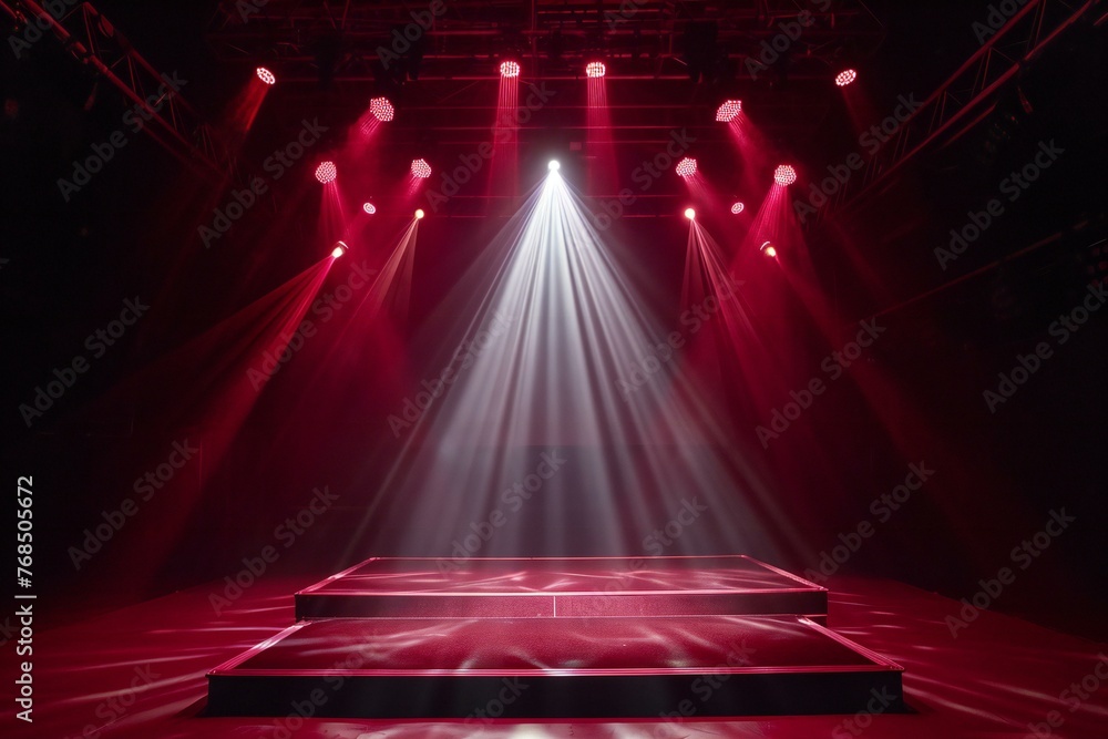 Stage Spotlight with red carpet and spotlights, Stage Podium Scene with for Award Ceremony - obrazy, fototapety, plakaty 