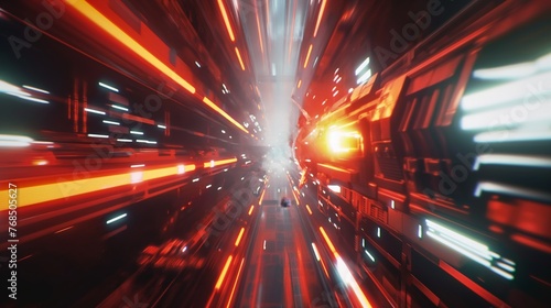 High-speed motion through a dynamic, illuminated tunnel with red and white light streaks.