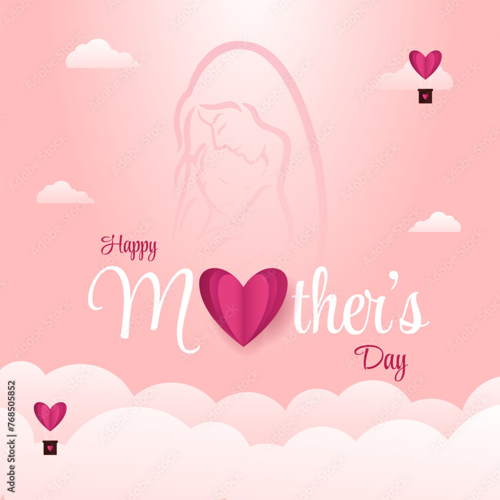 Happy Mothers Day May 10th with 3d heart and silhouette of baby and mother illustration