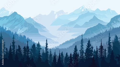 Realistic illustration mountains landscape. Morning wo