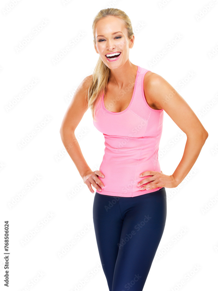 Portrait, fitness and confidence of happy woman in studio isolated on a white background mockup. Sports clothes, workout and smile of person laughing for training, exercise or body health in Sweden Portrait, fitness and confidence of happy woman in studio isolated on a white background mockup. Sports clothes, workout and smile of person laughing for training, exercise or body health in Sweden