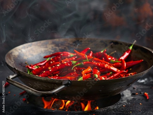 Red chili peppers are being roasted directly over a fire, turning their skin black and blistered