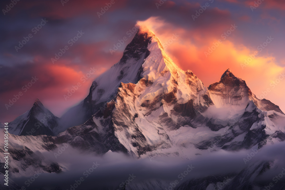 Serene Sunset over Snow-Covered Peaks: A Majestic Display of Nature's Splendor