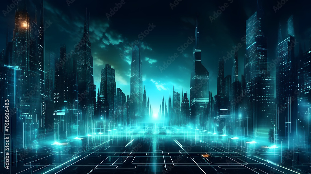 Obraz premium Digital technology building light beams city abstract graphic poster web page PPT background