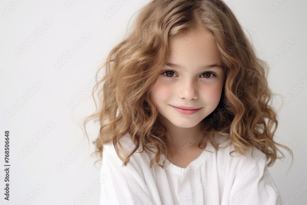 Portrait of a cute little girl with curly hair on a white background Portrait of a cute little girl with curly hair on a white background