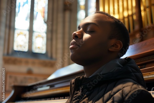 churchgoer listening to an organ performance eyes closed