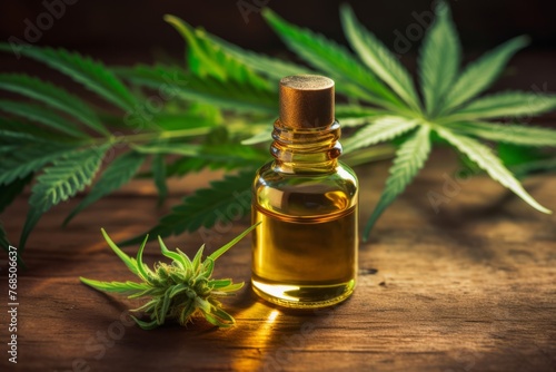 CBD hemp oil droplet against marijuana buds - alternative medicine, cannabis oil