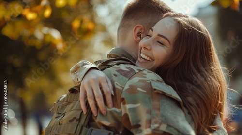 Joyful reunion of a soldier and his partner with heartfelt embrace.