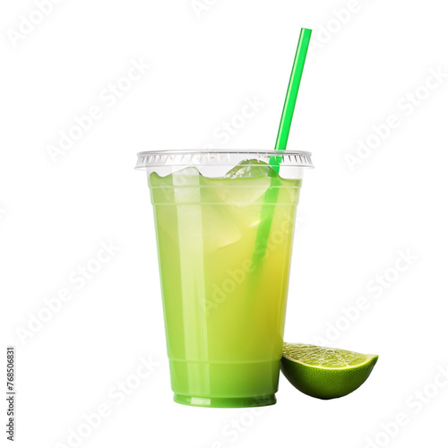 A cup of refreshing green lime juice with a green straw and a piece of lemon garnish on an isolated background