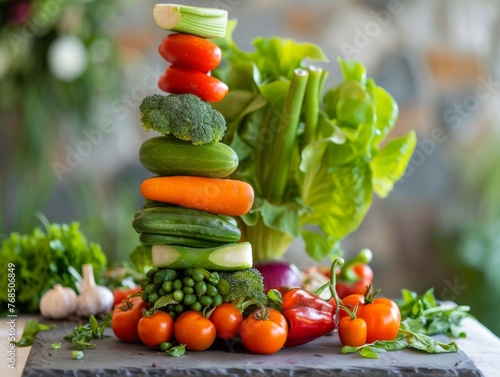 Scattered fresh vegetables like red tomatoes, green cucumbers, and yellow peppers create a colorful display on a white background