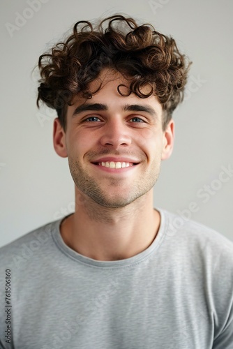 Portrait of a handsome young man with curly hair smiling at camera