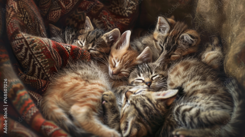 A heartwarming image capturing a group of adorable kittens curled up and fast asleep, snuggled in each other's warmth A heartwarming image capturing a group of adorable kittens curled up and fast asleep, snuggled in each other's warmth