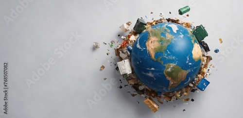Flat lay of web banner with the polluted planet earth surrounded garbage. Grey background with copy space. Concept of Earth Day, zero waste and environmental protection. Ai generation
