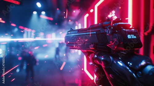 Close-up of a sci-fi gun with neon lights reflecting on its surface and sparks flying around.