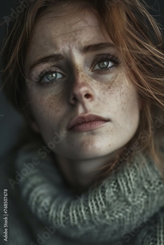 Portrait of a sad red-haired girl in a gray sweater