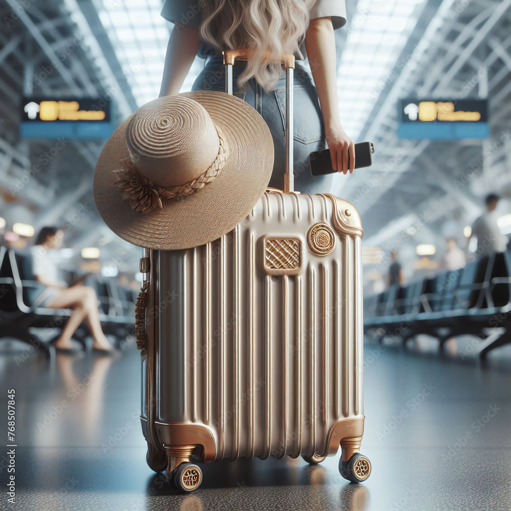 Obraz premium Rear view of woman with suitcase and straw hat in airport