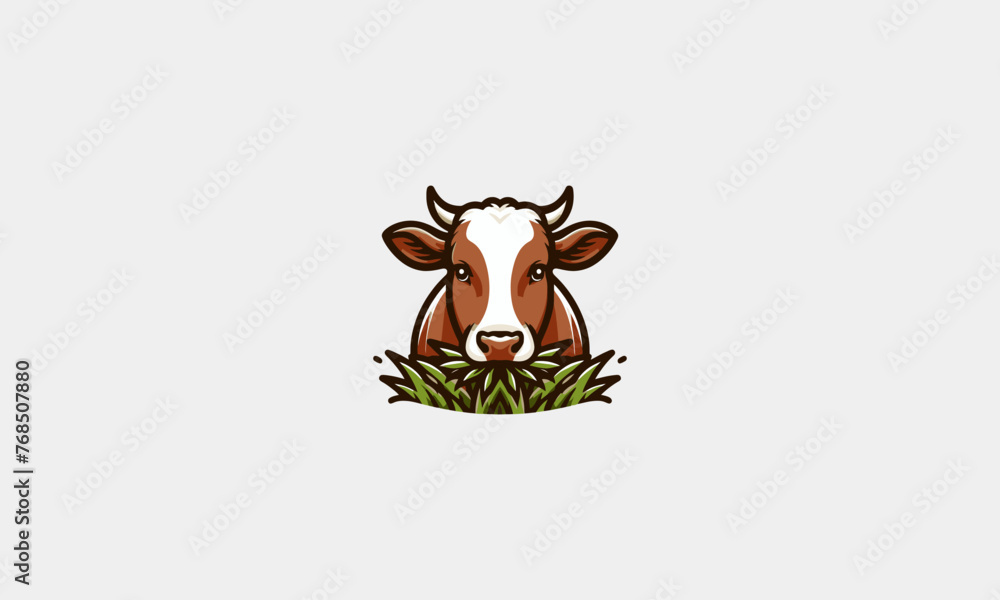 Fototapeta premium cow eat grass vector illustration logo design