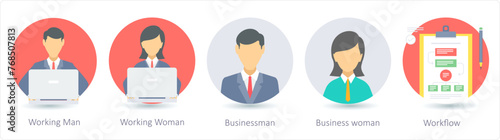 A set of 5 business icons as working man, working woman, businessman