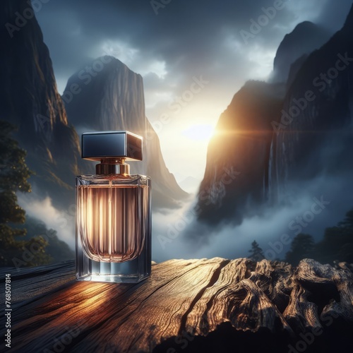Perfume bottle surrounded by various natural elements