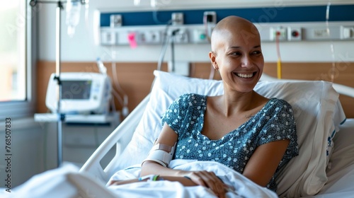 A happy female patient smiling warmly in a bright hospital room setting.