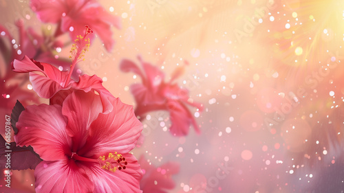 Hawaiian hibiscus flowers with glitter bokeh background. Copy space. © Harry