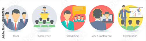 A set of 5 business icons as team, conference, group chat