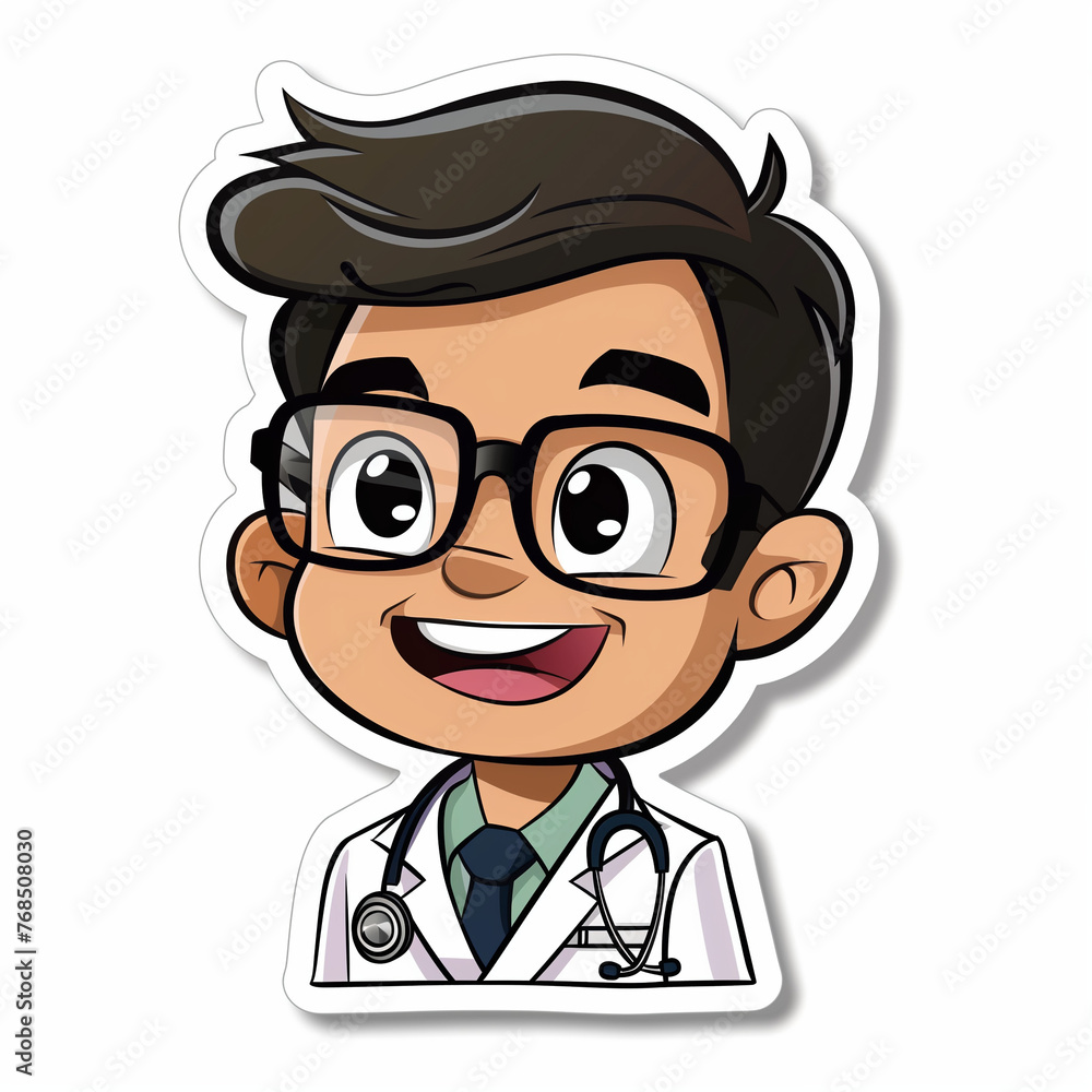 cartoon doctor with stethoscope, wearing glasses, smiling