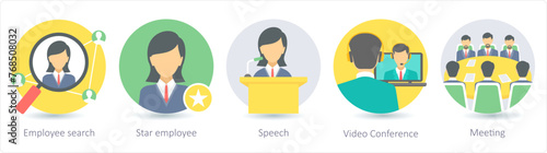 A set of 5 business icons as employee serach, star employee, speech