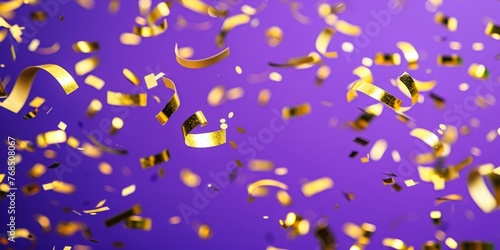 Floating golden confetti pieces against a vibrant purple backdrop, implying a festive or celebratory mood.
