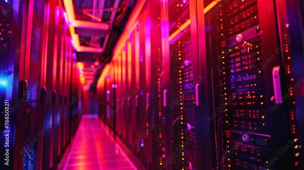 Vibrant server room in a data center with red and blue lights, illustrating network infrastructure. Vibrant server room in a data center with red and blue lights, illustrating network infrastructure.