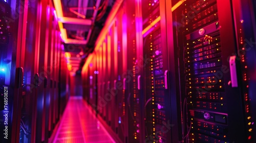 Vibrant server room in a data center with red and blue lights, illustrating network infrastructure.