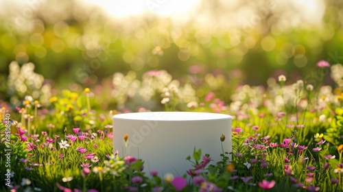 A mock-up stand for product display surrounded by vibrant spring flowers in a sunlit field. © tashechka