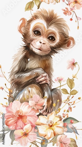 A monkey sitting on top of a pile of flowers © Maria Starus
