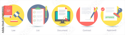 A set of 5 business icons as law, list, document