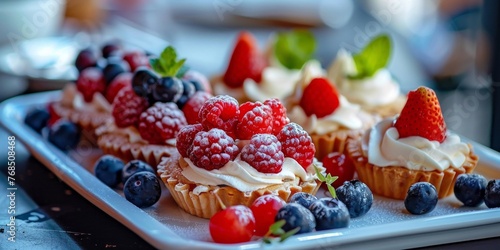 Delicious fresh berry tartlets with cream on a white plate, perfect for a sweet dessert. photo